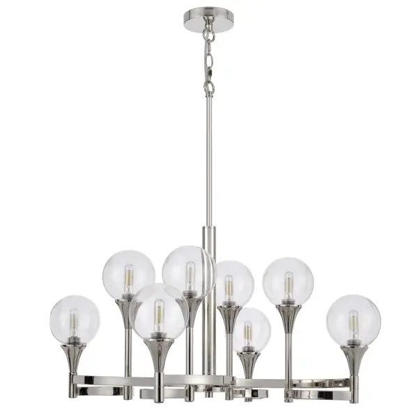 The Milbank chandelier makes a bold statement with eight lights spanning over 32 feet of linear presence. Its polished chrome finish delivers modern sophistication perfect for large dining spaces and grand rooms.
