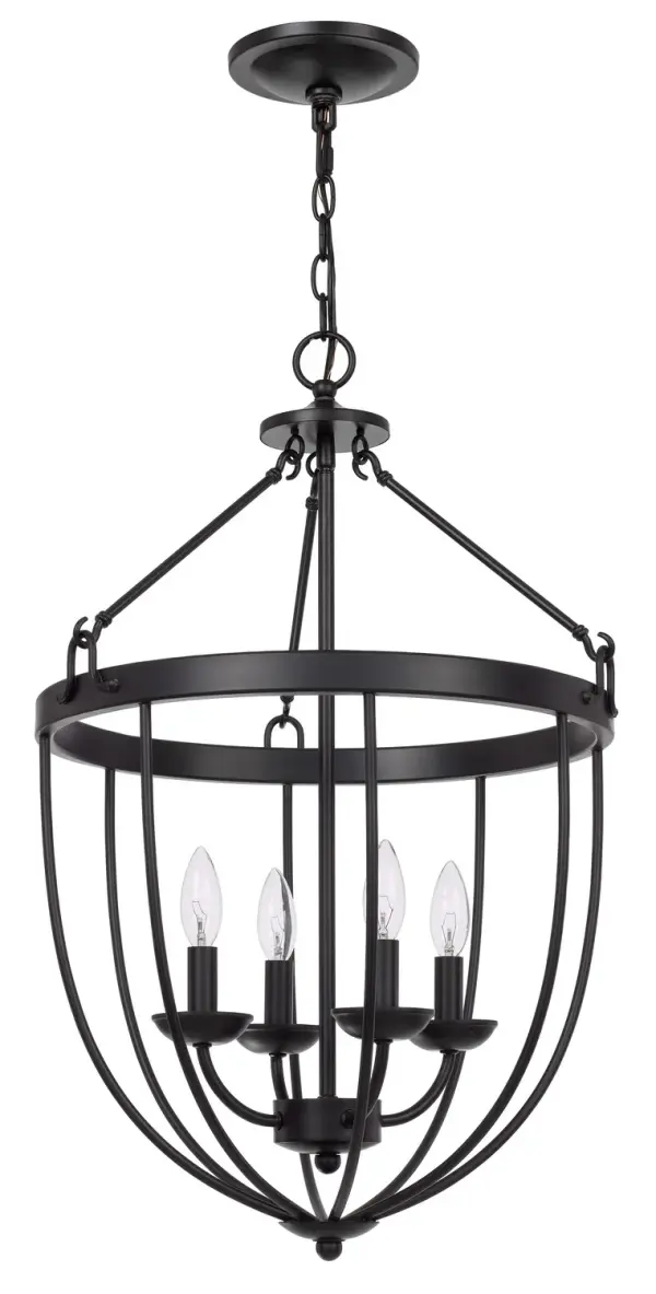 The Grafton four-light chandelier brings industrial sophistication to any space with its clean matte black finish. Perfect for dining rooms and kitchen islands, this fixture balances modern aesthetics with versatile styling.