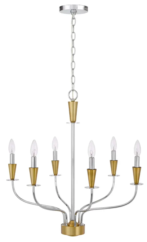 The Weston six-light chandelier combines chrome and satin brass finishes for a refined transitional look. Its generous 26-inch height and six-light configuration provide excellent illumination for dining and entertaining spaces.