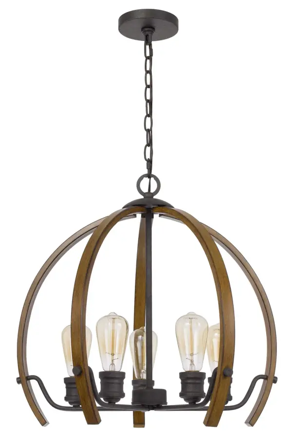 The Riverton five-light chandelier combines natural oak wood with classic farmhouse styling. Its medium scale and warm wood finish make it versatile for dining rooms, kitchen islands, and entryways seeking organic warmth.