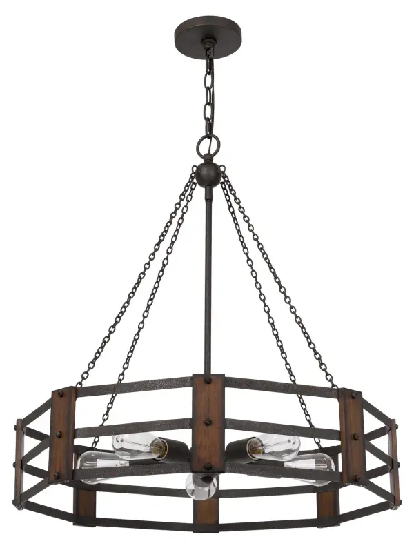 The Provo five-light chandelier combines natural oak wood with iron accents in a dramatic 48-foot linear design. Perfect for large dining spaces and kitchen islands, this fixture brings warmth and industrial charm to farmhouse and rustic interiors.