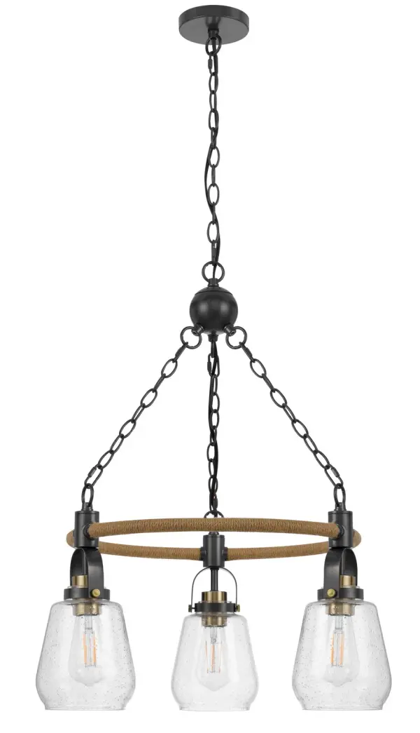 Kavala Three Light Chandelier in Burlap and Antique Brass