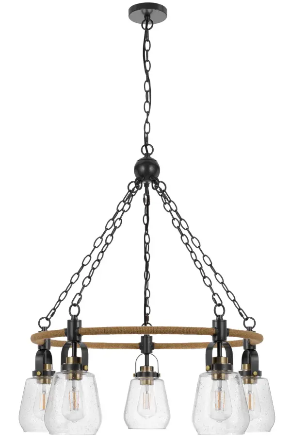 The Kavala chandelier blends natural burlap fabric with antique brass accents for a sophisticated yet relaxed aesthetic. Five lights provide ample illumination while the textured shades create warm, diffused ambiance perfect for casual dining spaces.