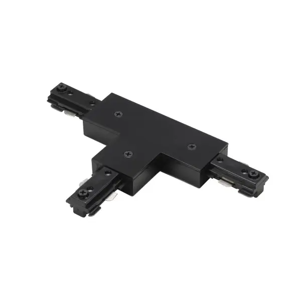 Durable plastic T-connector designed for H-type three-wire single circuit track systems. Features right polarity configuration with mid-point power entry. Compact 0.8" profile in black finish.
