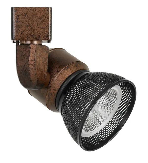 This compact LED track fixture combines industrial styling with modern efficiency. The rust finish and mesh detail add character to track lighting systems, while integrated LED technology provides energy-efficient illumination.