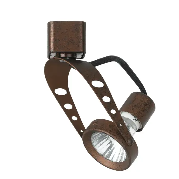 Compact track lighting head with durable metal construction and rust finish. Features 355-degree rotation and 90-degree tilt for precise directional lighting. Compatible with GU-10 bulbs up to 50W.