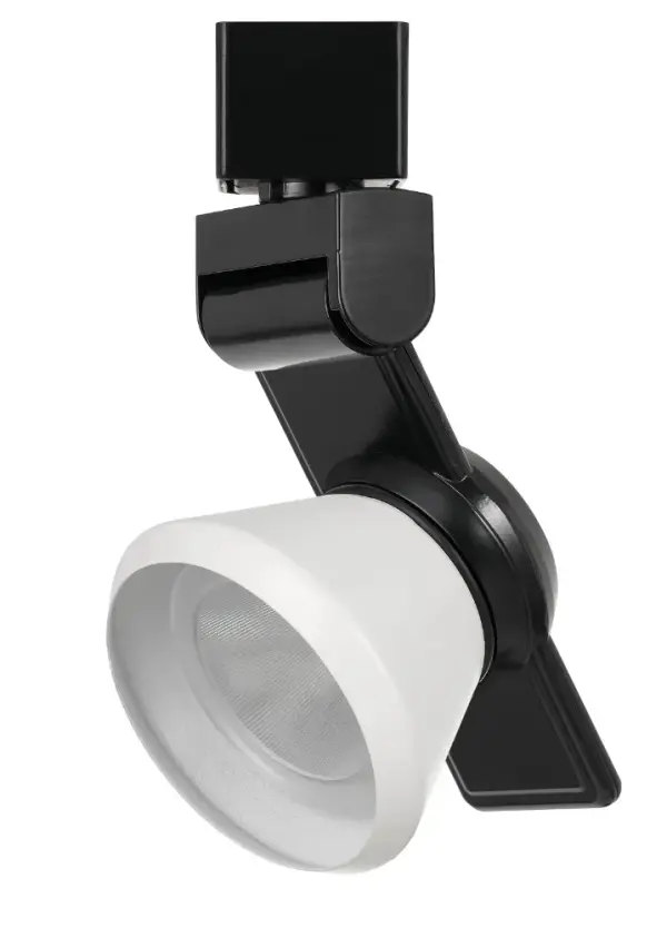 This energy-efficient LED track fixture combines a sleek black finish with a white cone shade for focused task lighting. Integrated 12W LED provides bright illumination while the compact design fits standard track systems.