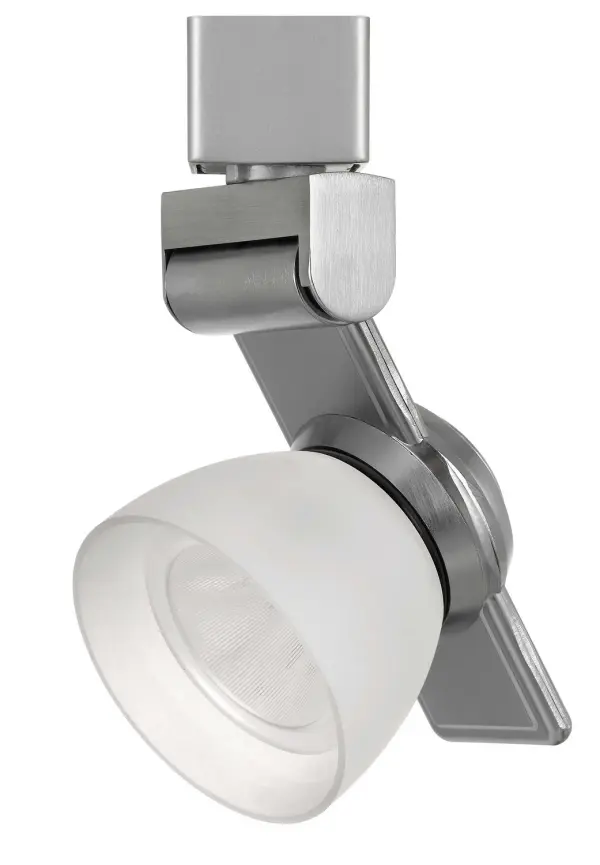 This compact LED track fixture delivers focused illumination with integrated 12W LED technology. The brushed steel finish and frosted white shade provide a clean, contemporary look suitable for accent or task lighting.