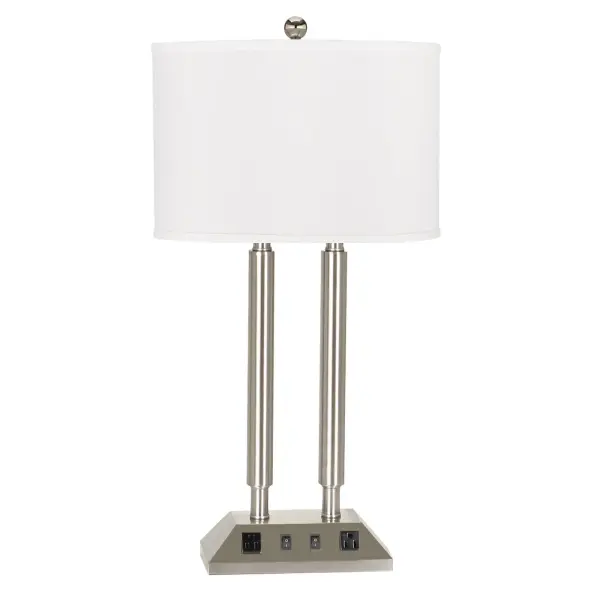 This 28.5" tall brushed steel desk lamp combines practical task lighting with convenient power management. Features dual 60W bulbs, two rocker switches for independent control, and two built-in outlets for charging devices.
