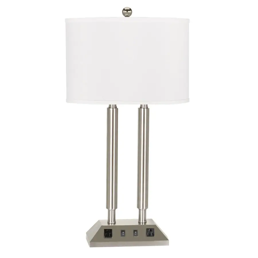 Brushed Steel Desk Lamp with Dual Outlets