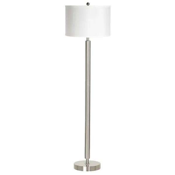 A versatile 60-inch tall floor lamp featuring durable metal construction in brushed steel finish with a clean white drum fabric shade. The convenient push-through socket switch and 6-foot cord provide easy operation and flexible placement.