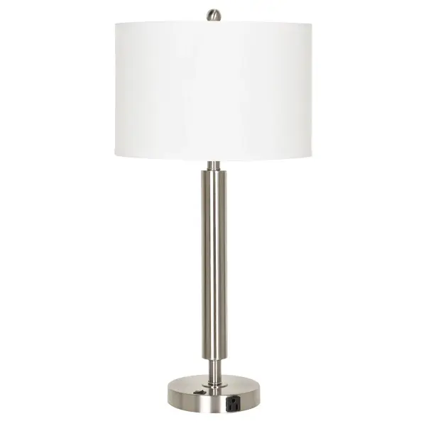 This 30-inch metal table lamp combines practical functionality with contemporary styling. Features a convenient built-in outlet and rocker switch on the base, making it ideal for bedside or desk use where accessibility matters.