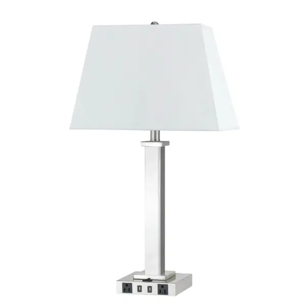 This 28-inch brushed steel nightstand lamp combines classic lighting with modern functionality, featuring two USB ports and two power outlets built into the base. Perfect for bedrooms and home offices where device charging is essential.