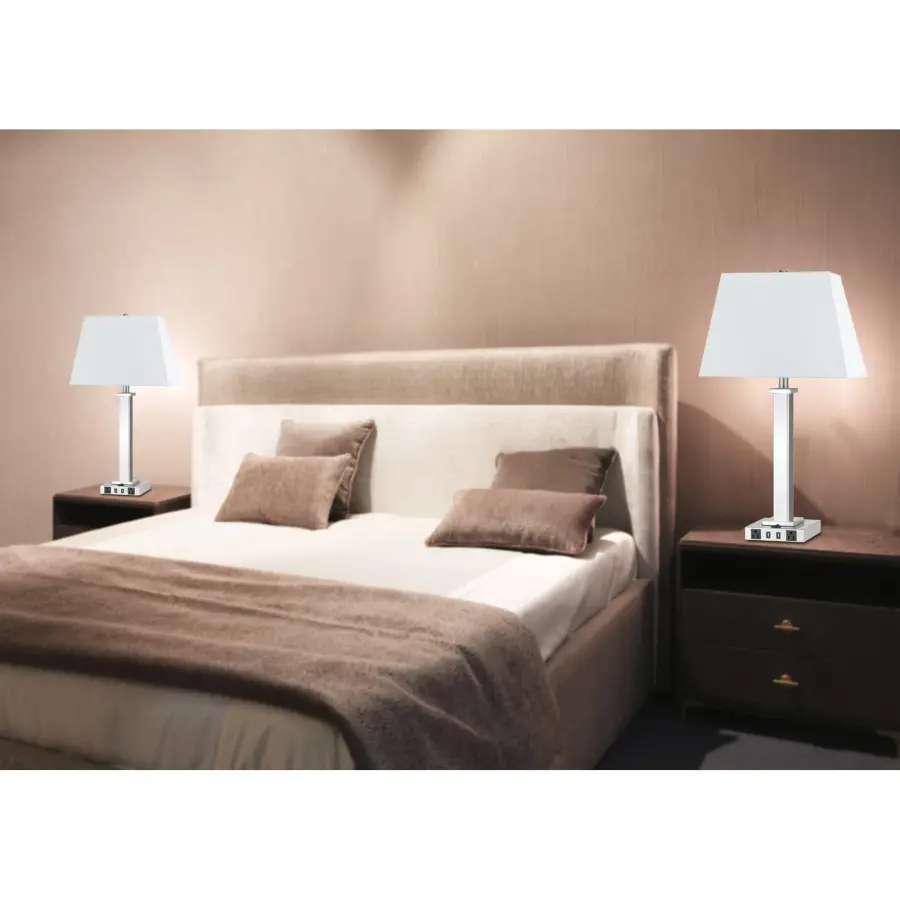 Brushed Steel Nightstand Lamp with USB Ports and Outlets - Image 2