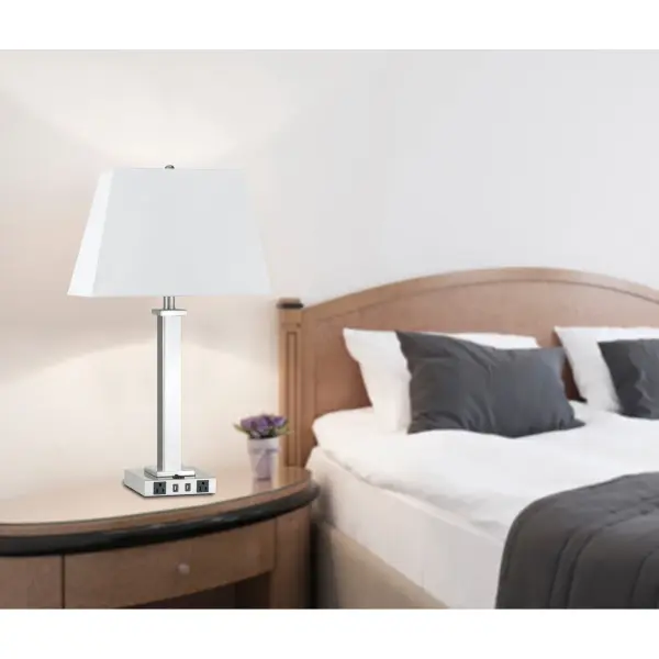 Brushed Steel Nightstand Lamp with USB Ports and Outlets - Image 3