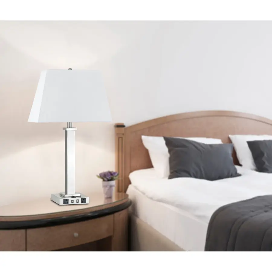 Brushed Steel Nightstand Lamp with USB Ports and Outlets - Image 3