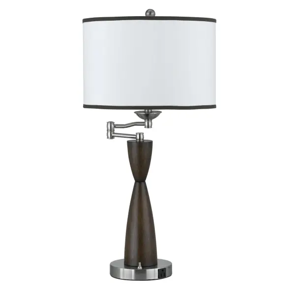 A practical 30-inch metal table lamp featuring brushed steel and espresso finishes. Built-in outlet and rocker switch provide convenient functionality for modern workspaces and bedrooms.