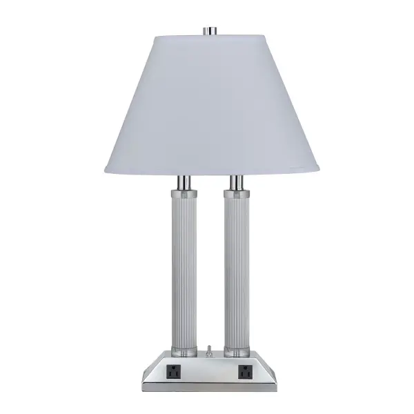 A practical 27-inch metal desk lamp featuring dual 60W bulbs, convenient push-button switch, and two built-in power outlets. Chrome finish provides a clean, modern look suitable for home offices and workspaces.