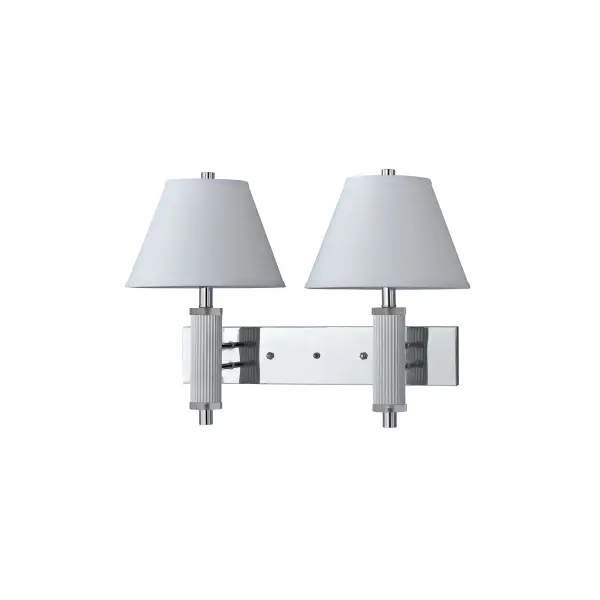 This functional wall lamp features dual 60W bulbs with adjustable swing arms and a convenient push button switch on the base. The chrome finish and fabric shade create a clean, transitional look suitable for bedside reading or task lighting.