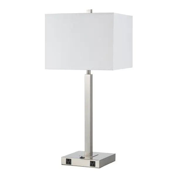 A practical 60W metal table lamp featuring two built-in power outlets in the base, perfect for modern workspaces and bedrooms where device charging is essential. Durable metal construction with minimal assembly required.