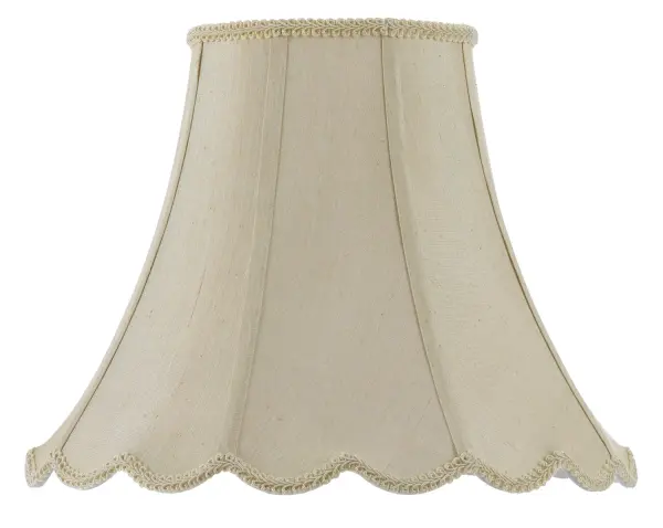 This 16-inch champagne fabric shade features traditional scalloped edges with decorative piping, offering a refined update to existing fixtures. The warm neutral tone complements various decor styles.