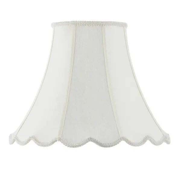 This 18-inch bell shade features traditional scalloped edges with decorative piping in a versatile eggshell finish. The generous size and timeless design make it ideal for updating chandeliers, pendants, or table lamps.