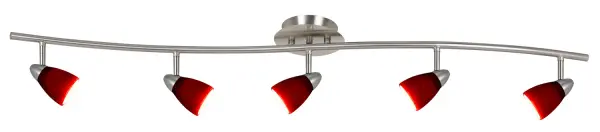 This contemporary orbit-style ceiling fixture features five adjustable GU-10 lights on a serpentine metal arm, offering flexible directional lighting. Includes adjustable rods and universal joint for various ceiling types.
