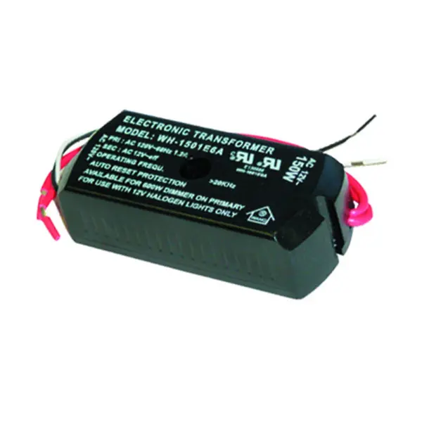 CLASS 2 rated electronic transformer converts 120V to 12V for halogen lighting applications. Compact design with minimal assembly required makes installation straightforward for compatible low-voltage fixtures.