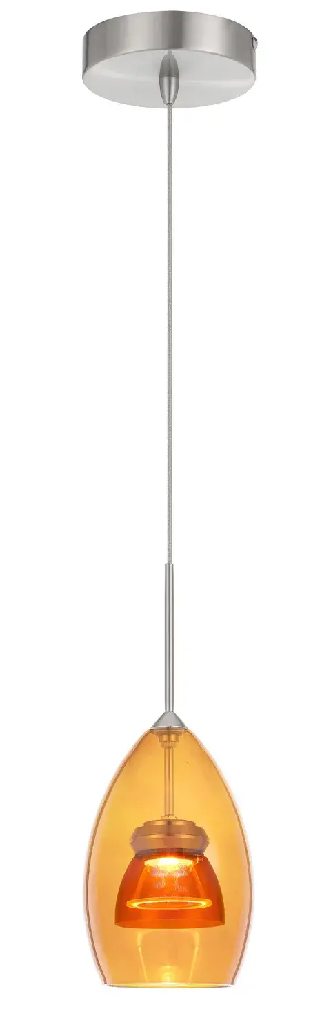 This compact LED mini pendant features beautiful amber glass that creates a warm, inviting ambiance. Energy-efficient integrated LED with Lutron dimming compatibility makes it ideal for task lighting or accent illumination.