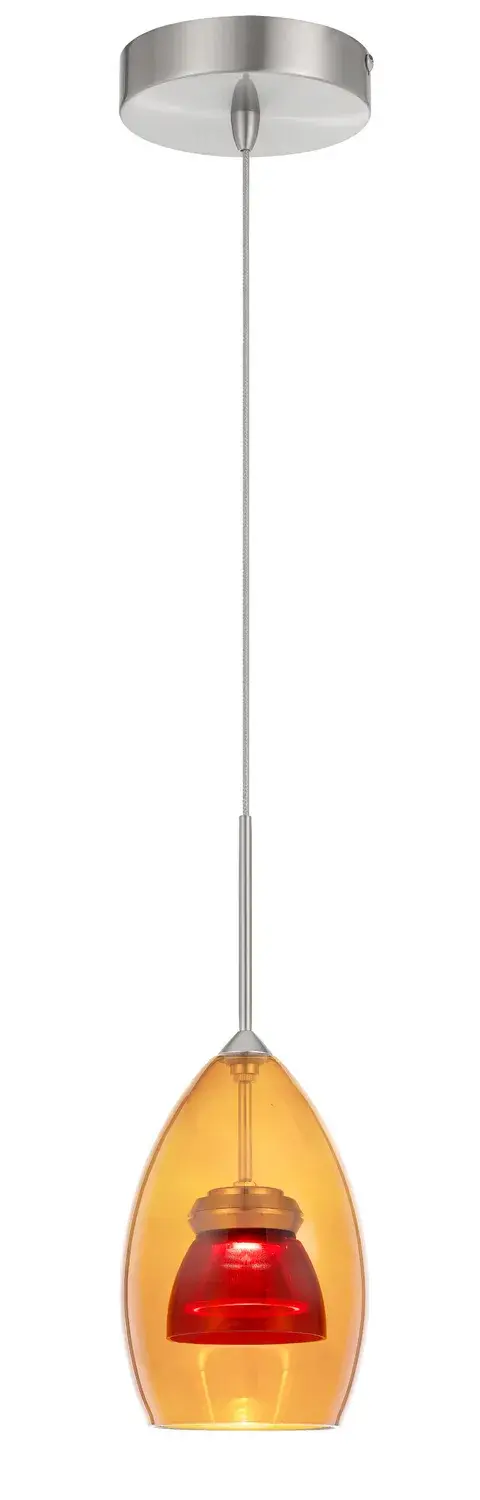 This compact mini pendant features warm amber and red glass that creates a stunning glow. With integrated LED technology and Lutron dimmer compatibility, it offers energy efficiency and ambiance control in a small package.