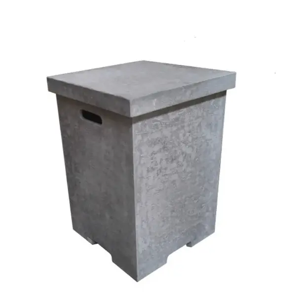 This square tank cover features handcrafted glass-fiber reinforced concrete construction in a contemporary two-tone gray finish. Designed to conceal propane tanks for outdoor fire features while adding aesthetic appeal.