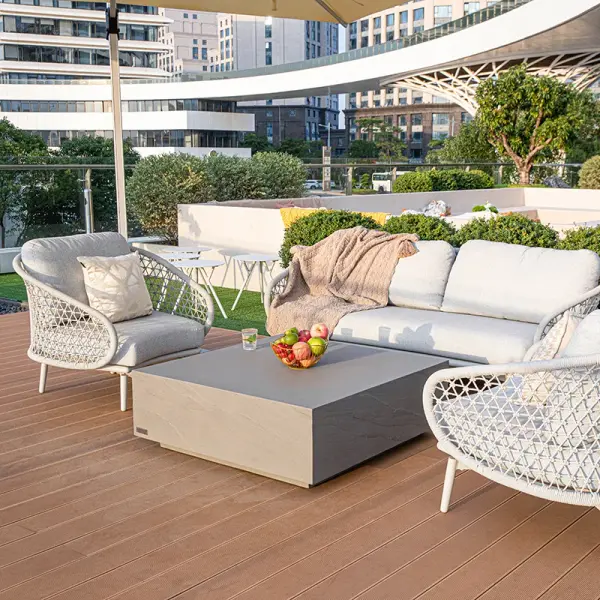 The Colorado Large Sandstone Coffee Table brings architectural presence to indoor and outdoor spaces. Crafted from GFRC with a natural sandstone finish, this 40-inch square table offers durability and modern aesthetic.