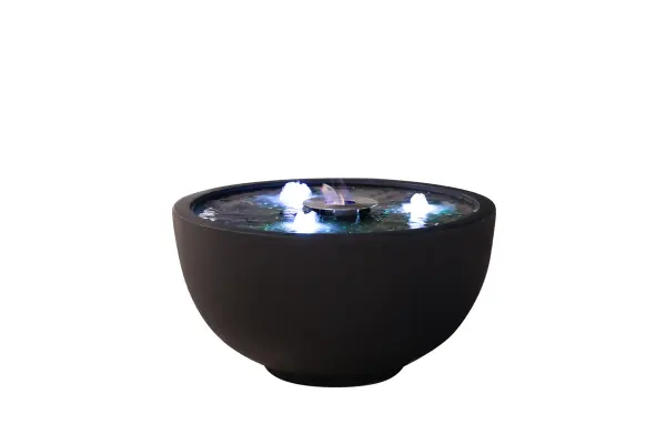 The Jnana combines fire and water elements in a sleek GRC concrete bowl design. At 26.8" square, this dual-feature piece creates a striking focal point for patios and outdoor entertaining areas.