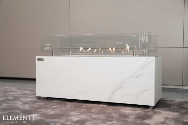 The Toronto combines sophisticated marble porcelain construction with intelligent ethanol technology. Features one-touch electronic ignition, adjustable 24,000 BTU heat output, and 7-hour burn time. Dual indoor/outdoor capability. - alternate view