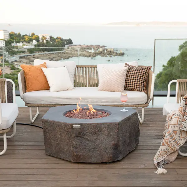 The Elementi Columbia Fire Table combines contemporary design with powerful heating capability. Handcrafted from glass-fiber reinforced concrete with a stainless steel burner system, it delivers 45,000 BTUs of warmth. - alternate view