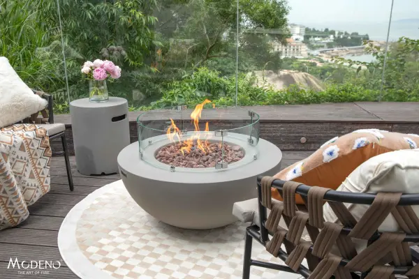 The Modeno Roca Fire Table combines contemporary design with powerful 50,000 BTU heat output. Built from glass-fiber reinforced concrete with stainless steel burner components, it's CSA and CE certified for safety and durability. - alternate view