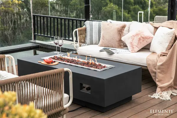 The Elementi Granville combines artisanal concrete craftsmanship with powerful heating performance. Features a 30-inch stainless steel burner, push-button ignition, and includes lava rock media and protective canvas cover. - alternate view