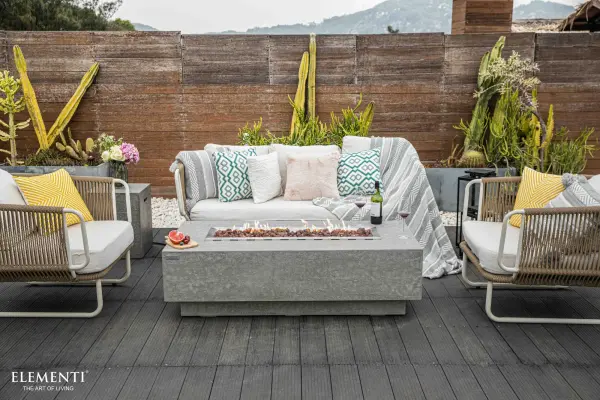 The Elementi Kingsale Fire Table combines handcrafted concrete construction with a powerful 45,000 BTU burner system. Features CSA, CE, and UKCA certifications with push-button ignition for easy operation. - alternate view