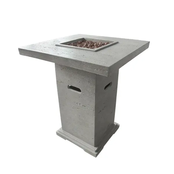 The Montreal Bar Table combines handcrafted glass-fiber reinforced concrete construction with a powerful propane fire feature. At 41.7" tall with a 34.3" square top, it serves as both functional bar-height dining and ambient heating.