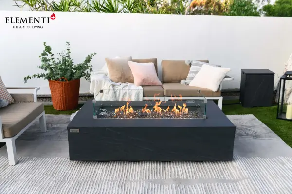 The Cape Town Fire Table combines handcrafted glass-fiber reinforced concrete construction with a powerful 60,000 BTU stainless steel burner. Complete with bronze fire glass, aluminum lid, and canvas cover for year-round outdoor entertaining. - alternate view