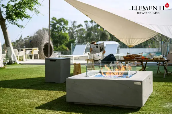The Elementi Plus Capertee Fire Table combines handcrafted glass-fiber reinforced concrete construction with a powerful 60,000 BTU burner system. Features include push-button ignition, stainless steel components, and complete accessory package. - alternate view