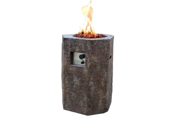 The Modeno Basalt Column Fire Pit combines contemporary design with powerful 40,000 BTU heat output. Features durable glass-fiber reinforced concrete construction, push-button ignition, and concealed propane tank storage.
