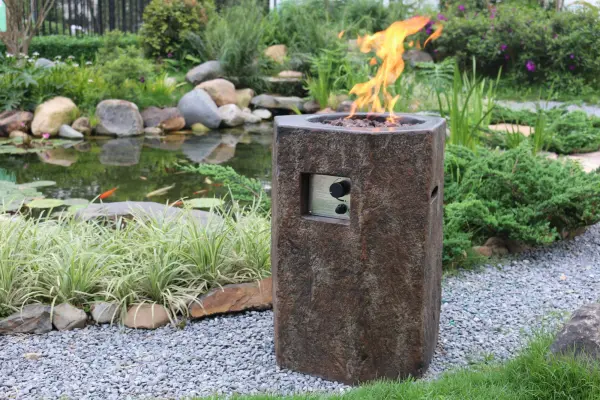 The Modeno Basalt Column Fire Pit combines contemporary design with powerful 40,000 BTU heat output. Features durable glass-fiber reinforced concrete construction, push-button ignition, and concealed propane tank storage. - alternate view