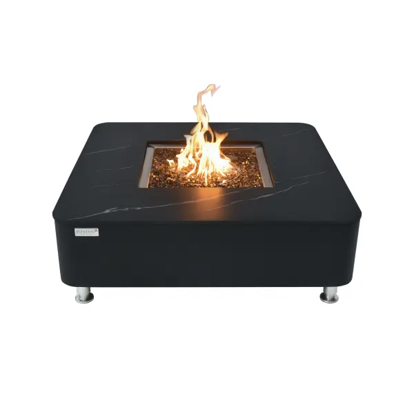 The Annecy combines sophisticated marble porcelain construction with powerful 60,000 BTU heating. Features premium stainless steel burner, push-button ignition, and includes Caribbean blue fire glass for stunning visual appeal.