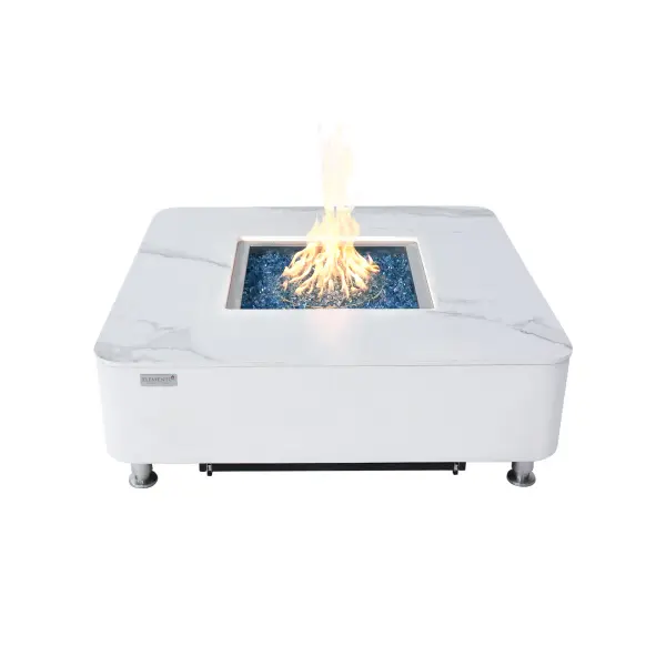 The Annecy combines sophisticated marble porcelain construction with powerful 60,000 BTU heating. Features premium stainless steel burner, push-button ignition, and includes fire glass, cover, and accessories.