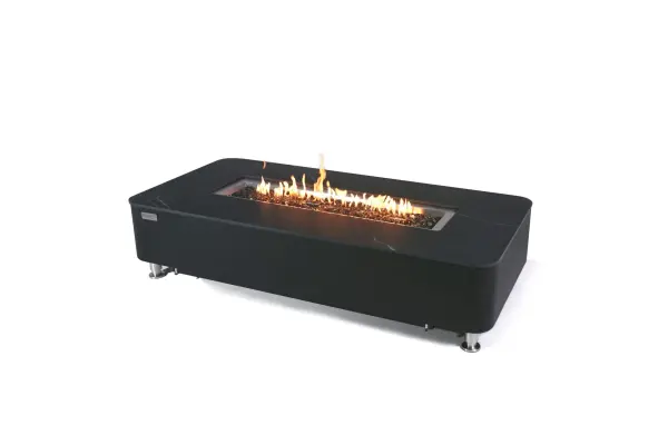 The Valencia Fire Table combines handcrafted glass-fiber reinforced concrete with elegant marble porcelain top, delivering 60,000 BTU heat output. Features 30-inch stainless steel burner, push-button ignition, and includes bronze fire glass.