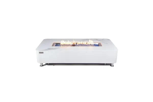The Athens fire table combines handcrafted glass-fiber reinforced concrete with a stunning marble porcelain top. Featuring a 30-inch stainless steel burner delivering 60,000 BTUs, this piece creates ambiance while serving as functional outdoor furniture.