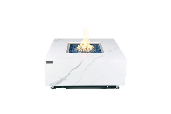 The Elementi Plus Bianco combines sophisticated marble porcelain construction with powerful 60,000 BTU heating. Features premium stainless steel burner, push-button ignition, and includes fire glass, cover, and accessories.