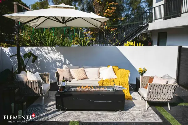 The VARNA fire table combines elegant marble porcelain with powerful 60,000 BTU heating, creating a stunning focal point for outdoor entertaining. Features premium stainless steel burner and complete accessory package. - alternate view