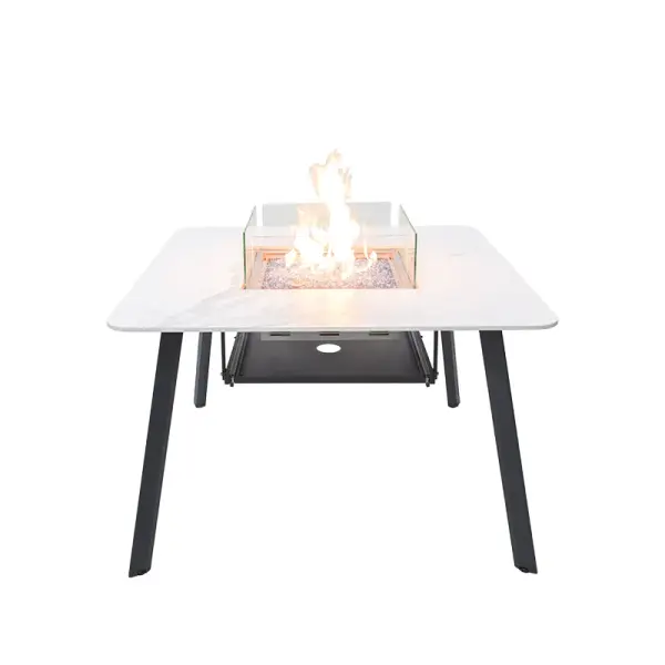 The Helsinki fire table merges sophisticated marble porcelain styling with powerful 60,000 BTU heating. Perfect for outdoor entertaining, it functions as both a dining surface and fire feature with included glass media and wind screen.